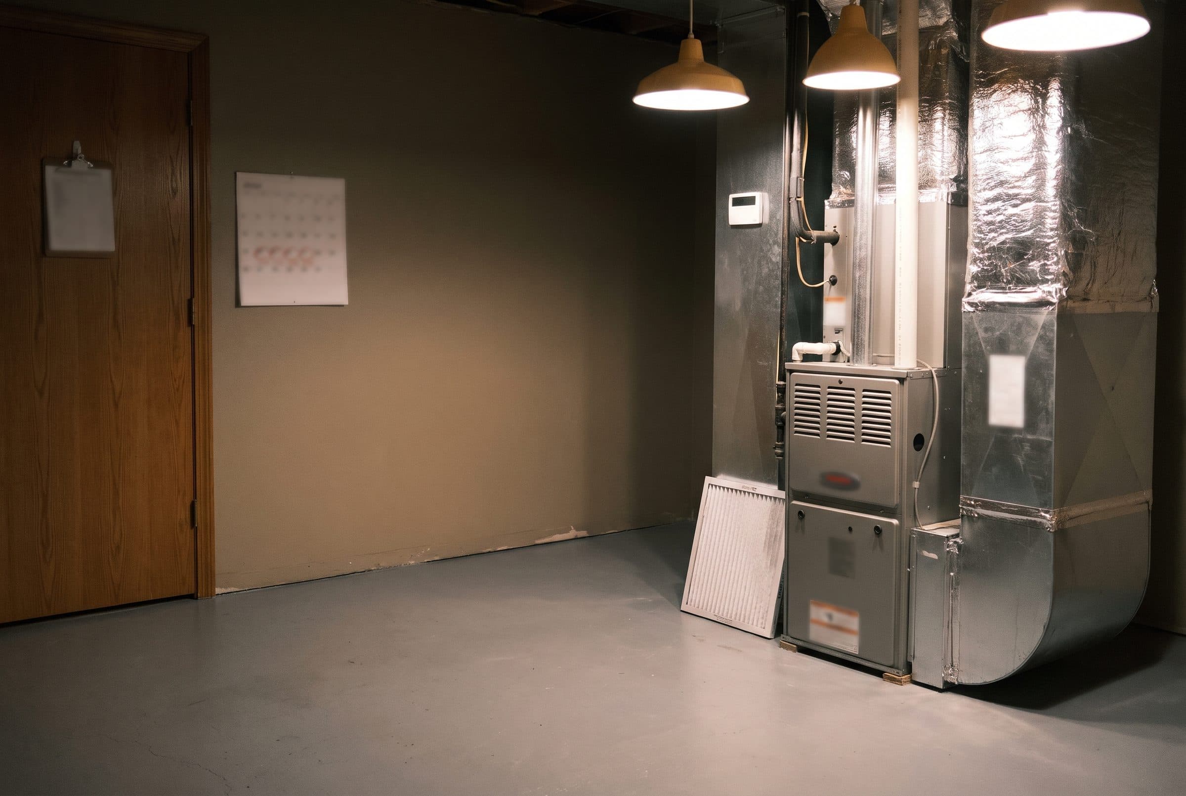 A tidy church mechanical room with a furnace, a new air filter leaning against it, a clipboard on the door and a wall calendar with a few days circled