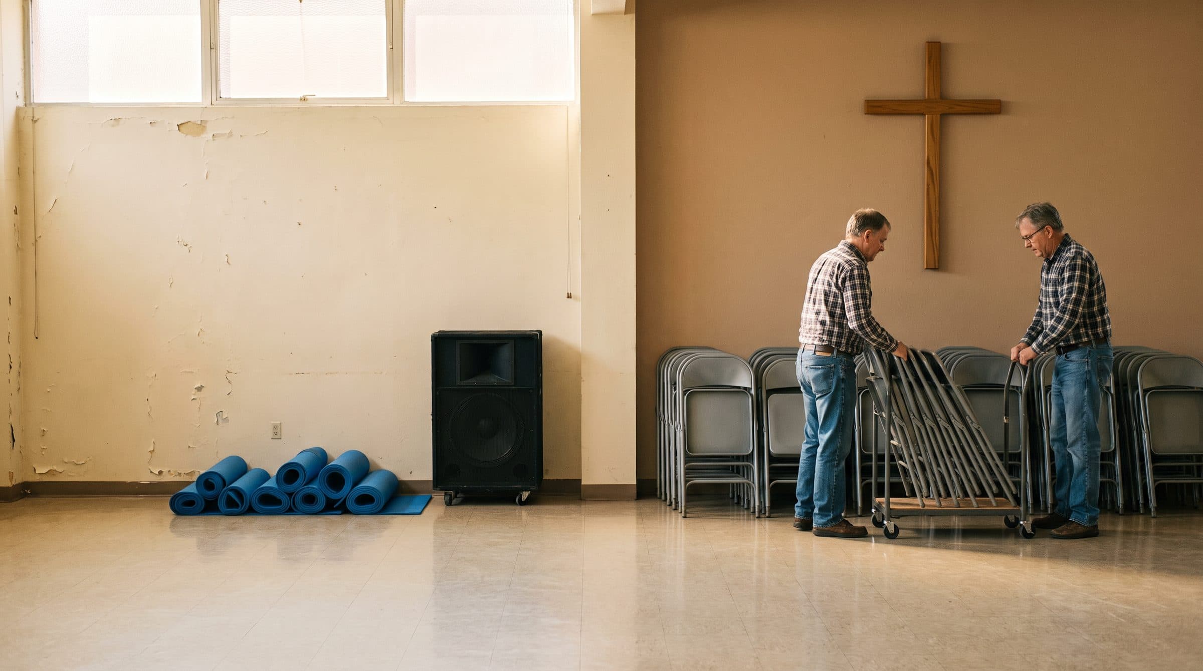Two volunteers fold gray chairs onto a cart beneath a wooden cross in a church fellowship hall, while rolled exercise mats and a tall speaker wait by the far wall
