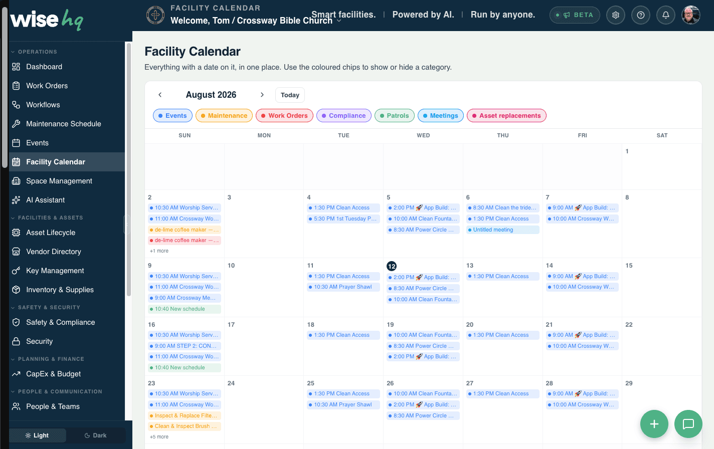 The WiseHQ Facility Calendar: a full month of services, maintenance, work orders, compliance checks, patrols, and meetings, each category color-coded