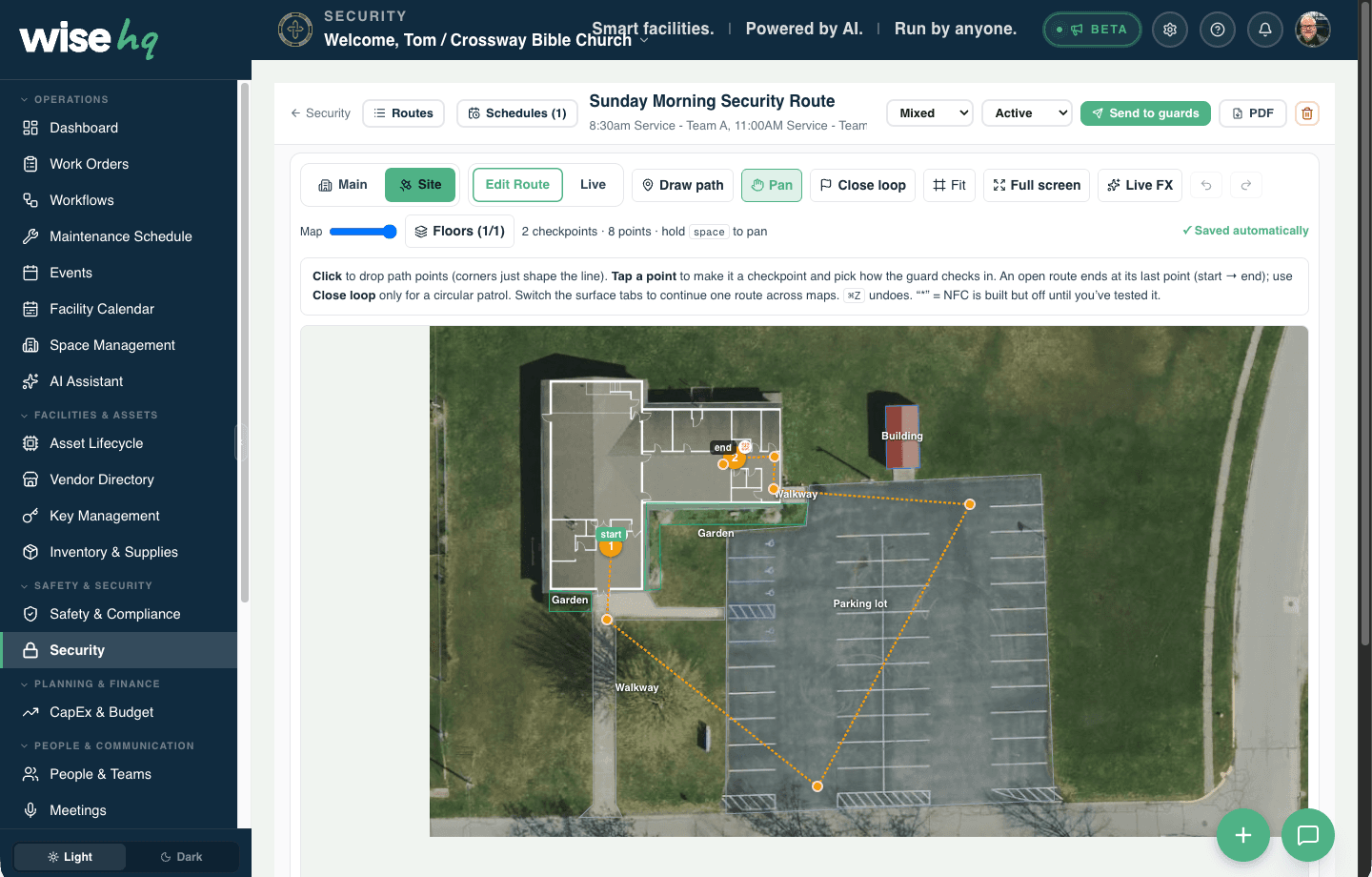 A Sunday morning security patrol route drawn over a satellite view of a real church campus in WiseHQ, with the floor plan overlaid, checkpoints on the walkways and parking lot, and per-service schedules