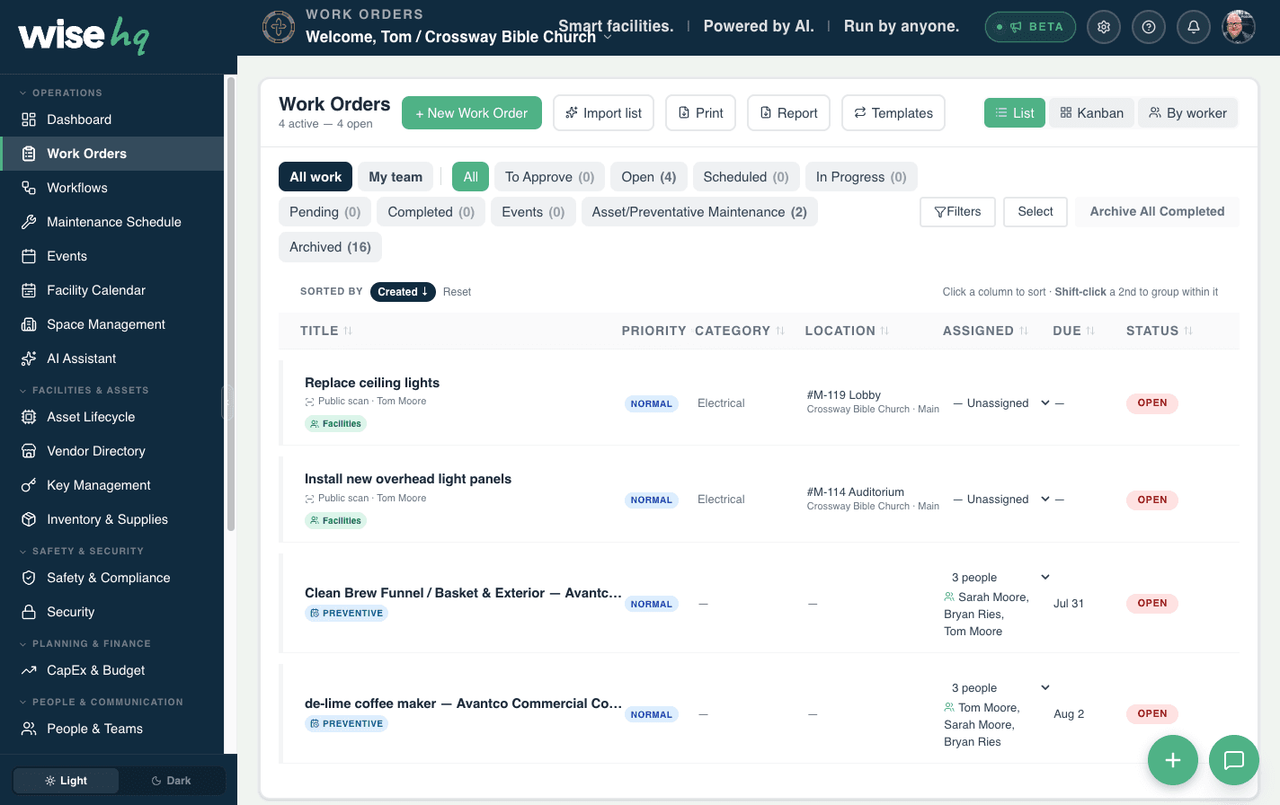 The WiseHQ work-order list with real people assigned: repairs routed to facilities and preventive tasks shared across a three-person team