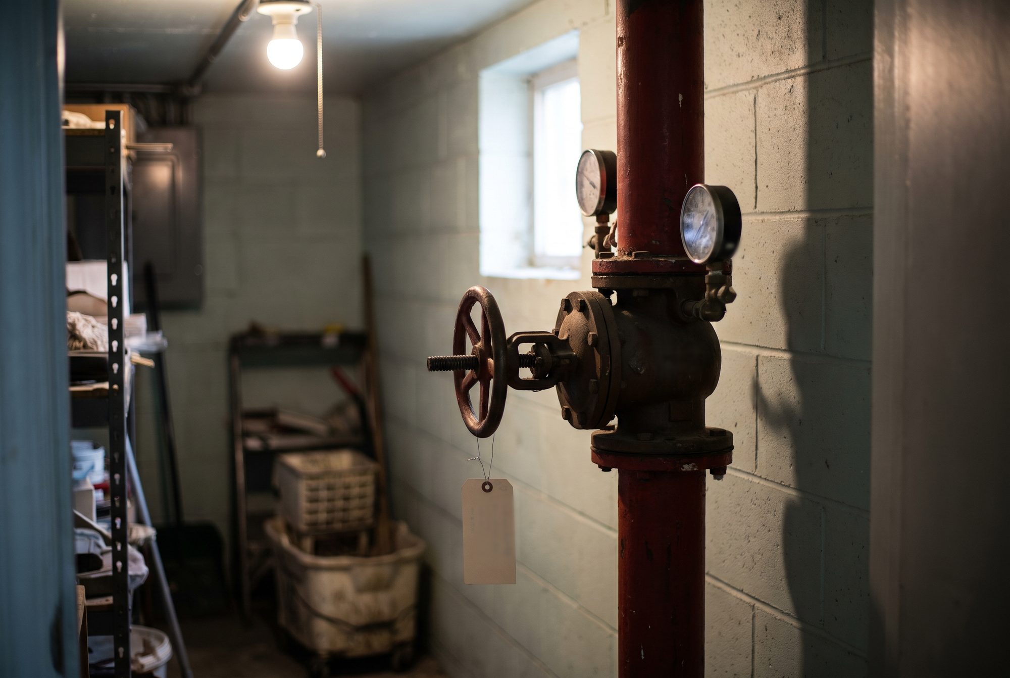 A red fire sprinkler riser in a church utility room, with a valve wheel, two pressure gauges and a paper inspection tag hanging from the valve on a wire