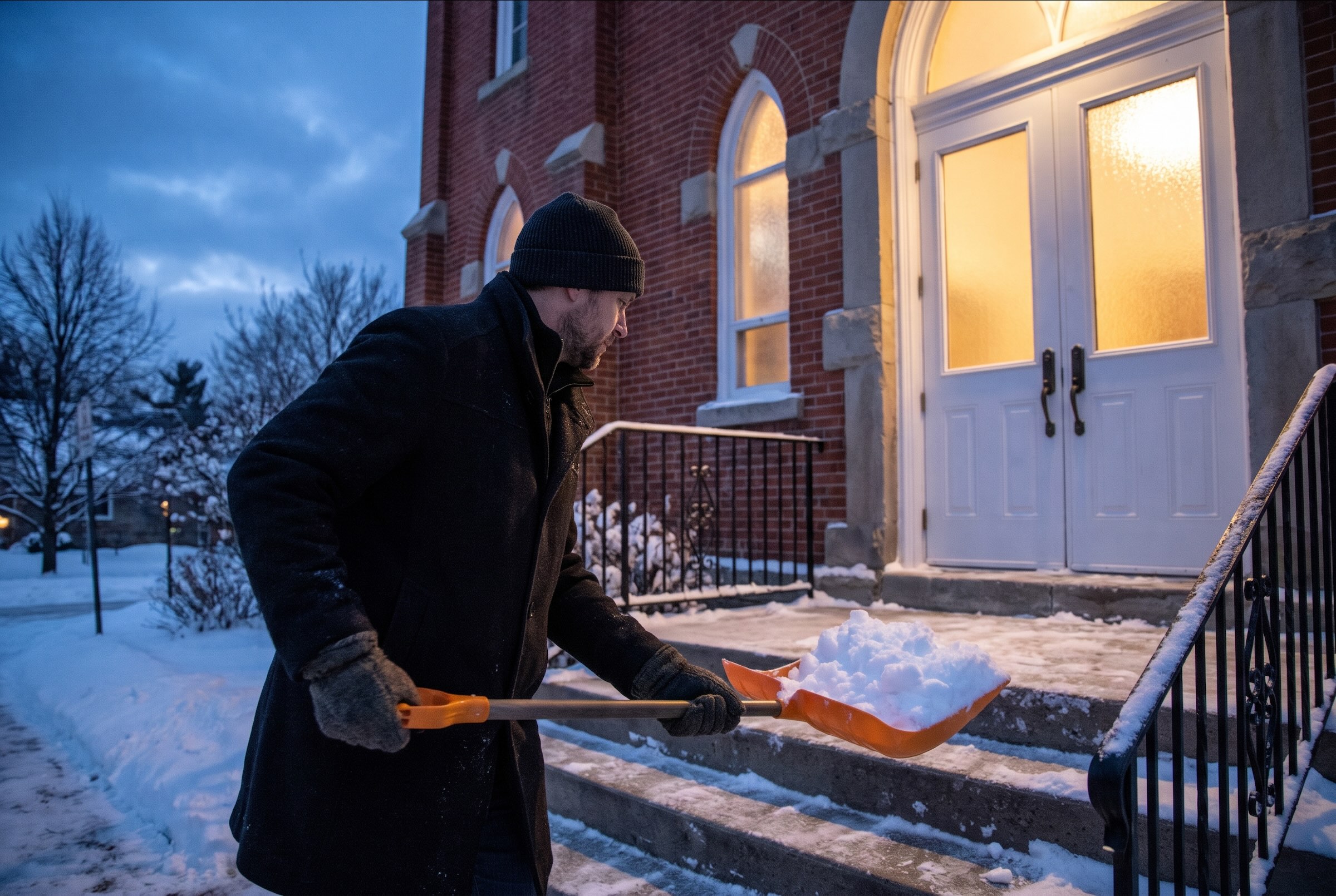 A man in a winter coat and knit hat shoveling snow off the front steps of a red brick church at dawn, with warm light in the windows of its white doors