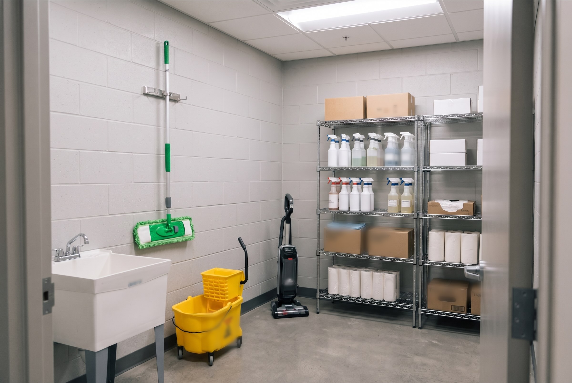 A clean, organized custodial closet with a utility sink, a green microfiber mop hanging on the wall, a yellow mop bucket, a cordless vacuum and wire shelves of spray bottles, paper towels and supplies