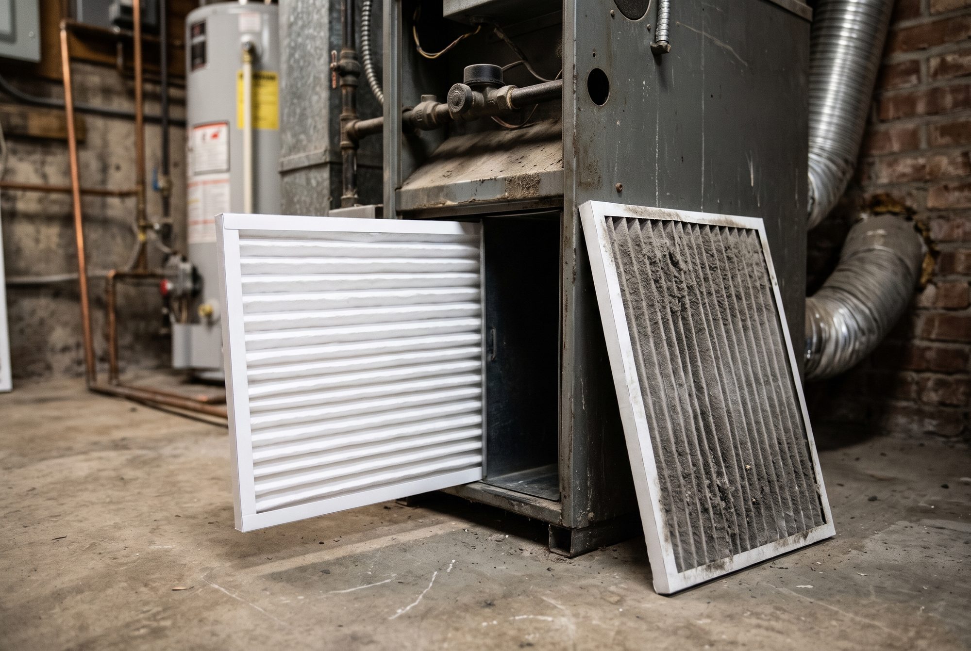 A new pleated air filter going into the filter slot of an old furnace, with the dirty gray filter it replaced leaning beside it