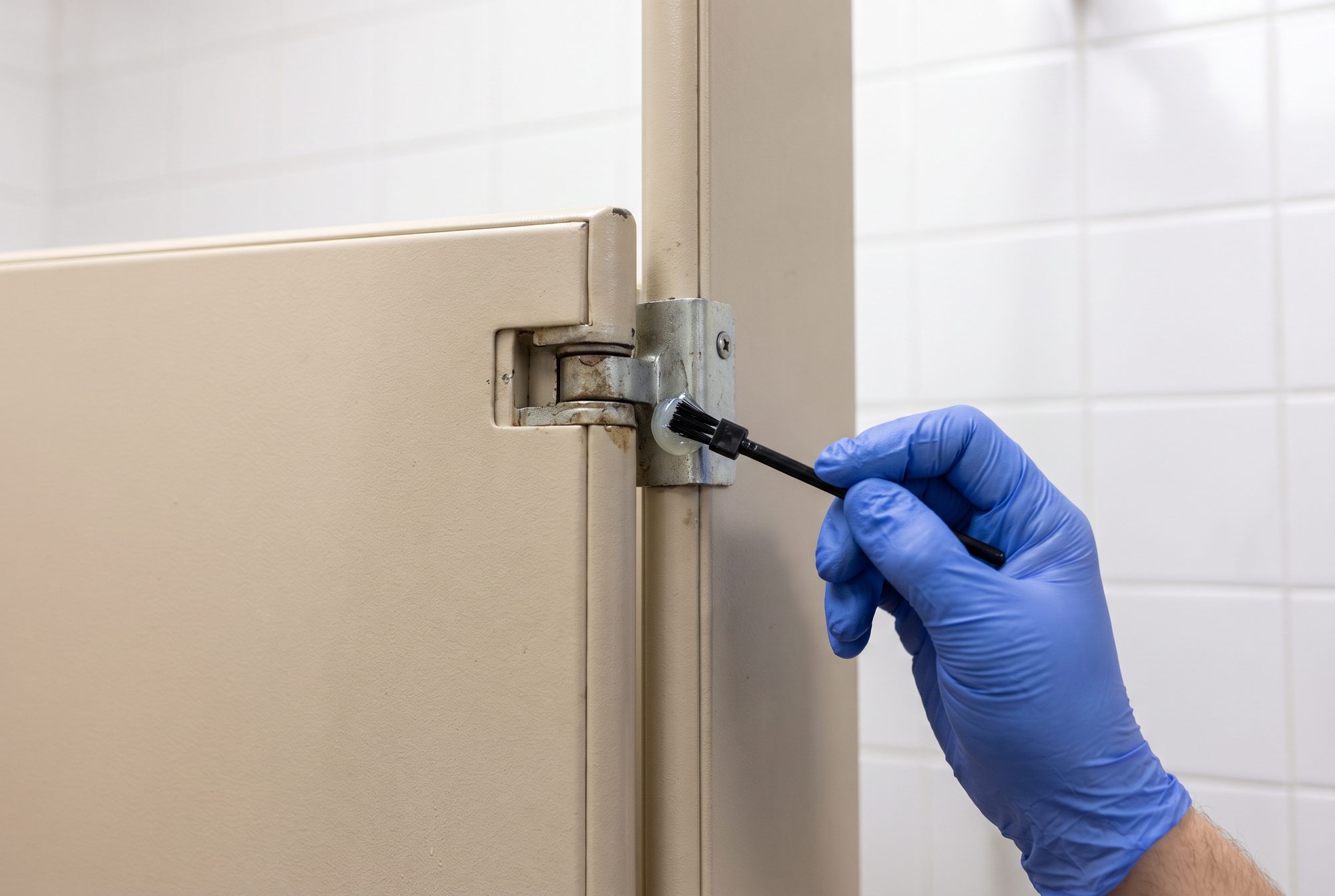 A gloved hand brushing clear grease onto the hinge of a beige restroom stall door