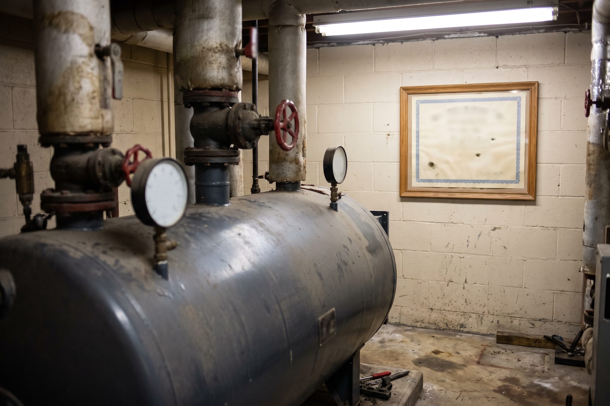 A boiler with insulated pipes, red valve wheels and pressure gauges in a church basement, its framed certificate with a blue border on the block wall behind it