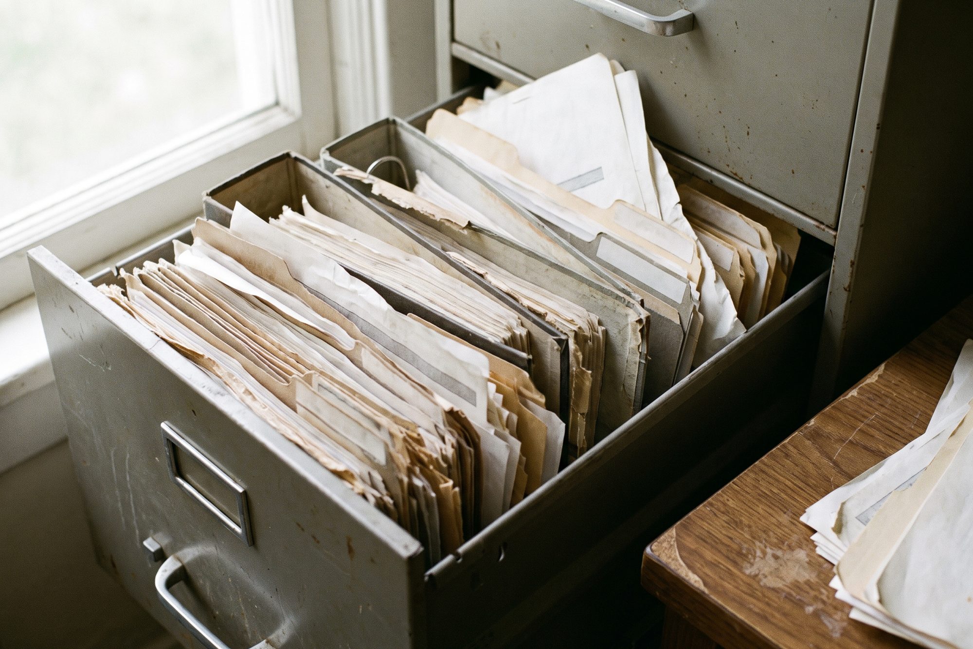 An open drawer of a grey steel filing cabinet crammed with worn folders and loose papers, next to a window and the corner of a wooden desk
