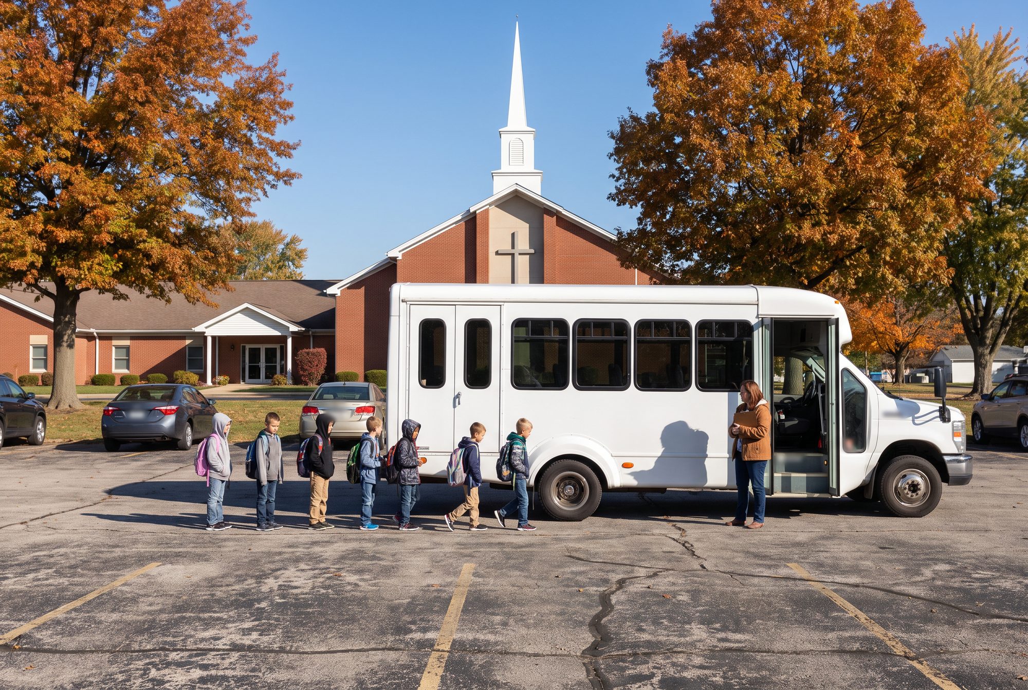 Elementary school children with backpacks line up to board a white church shuttle bus in a church parking lot on a sunny fall morning while a teacher waits at the open door