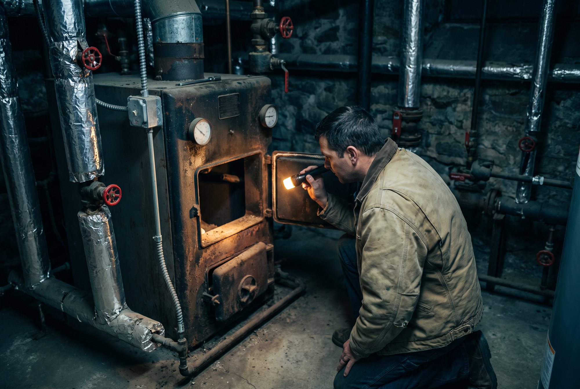 A heating technician kneeling beside an old cast-iron boiler in a church basement, shining a flashlight into its open front, insulated pipes and red valve wheels around it